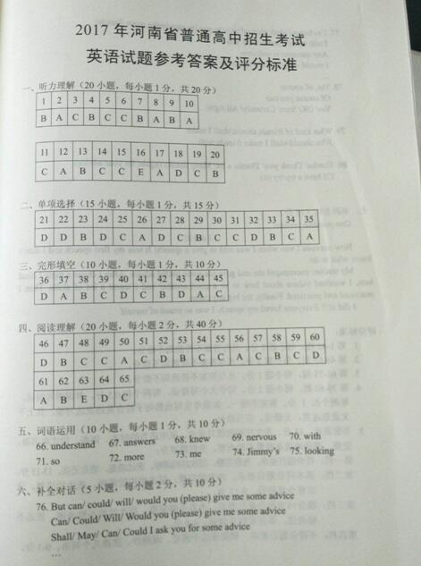 河南2017中考英语试题及答案