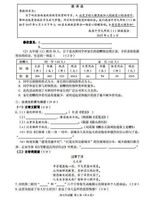 海南2017中考语文试题及答案