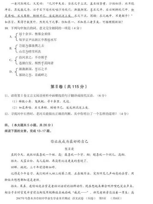 新疆乌鲁木齐2017中考语文试题及答案