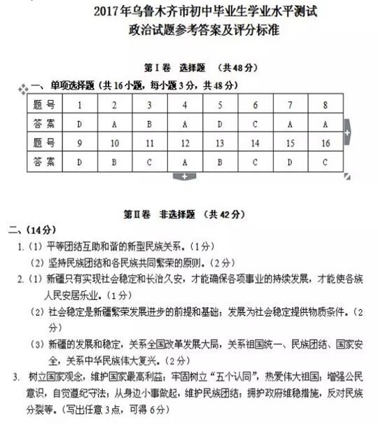 新疆乌鲁木齐2017中考政治试题及答案
