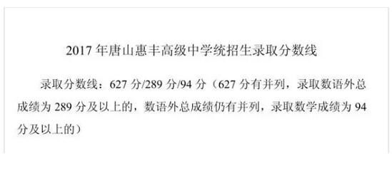 河北唐山部分高中2017中考录取分数线