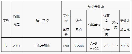 安徽合肥科大附中2017中考录取分数线