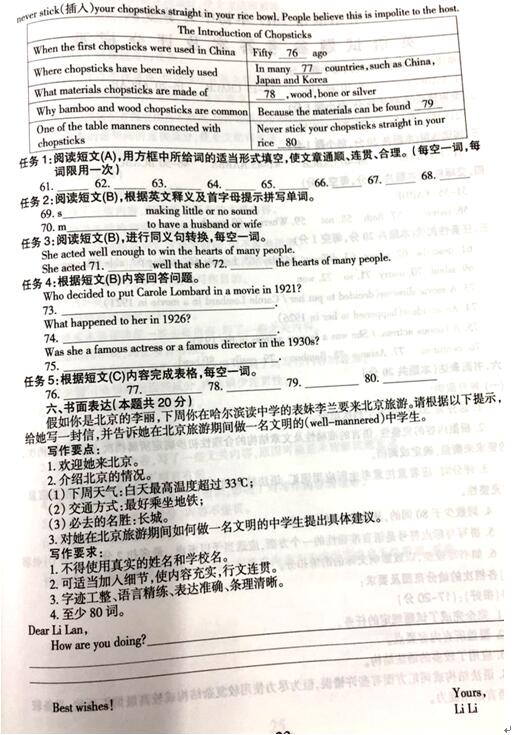 黑龙江哈尔滨2017中考英语试题及答案
