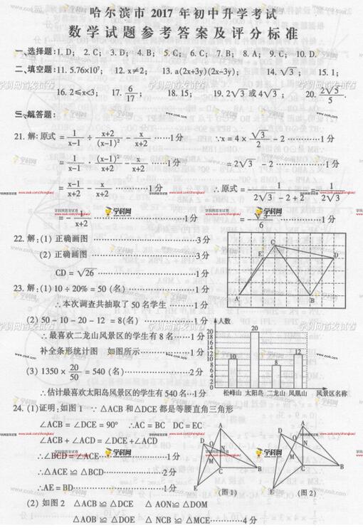 黑龙江哈尔滨2017中考数学试题及答案