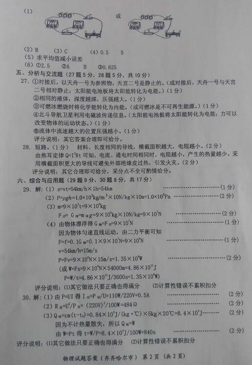 黑龙江齐齐哈尔2017中考物理试题及答案 黑龙江齐齐哈尔2017中考物理试题及答案