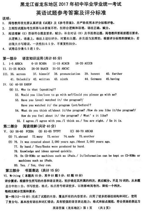 黑龙江龙东地区2017中考英语试题及答案