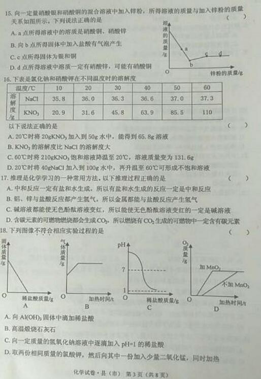 黑龙江牡丹江2017中考化学试题及答案