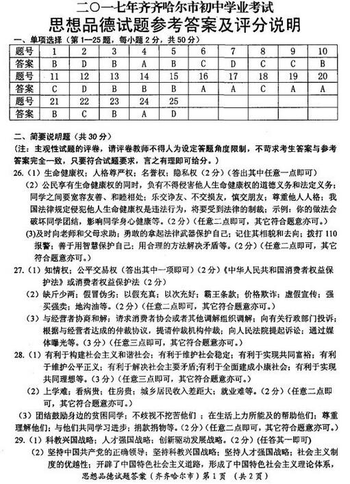 黑龙江黑河2017中考政治试题及答案