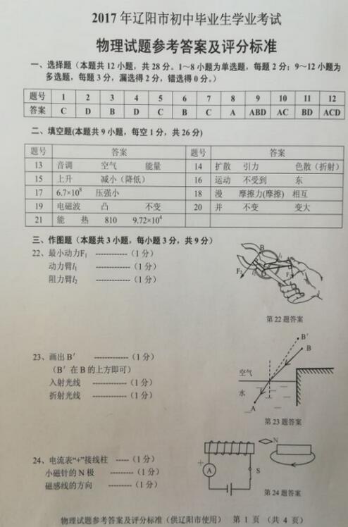 辽宁辽阳2017中考物理试题及答案