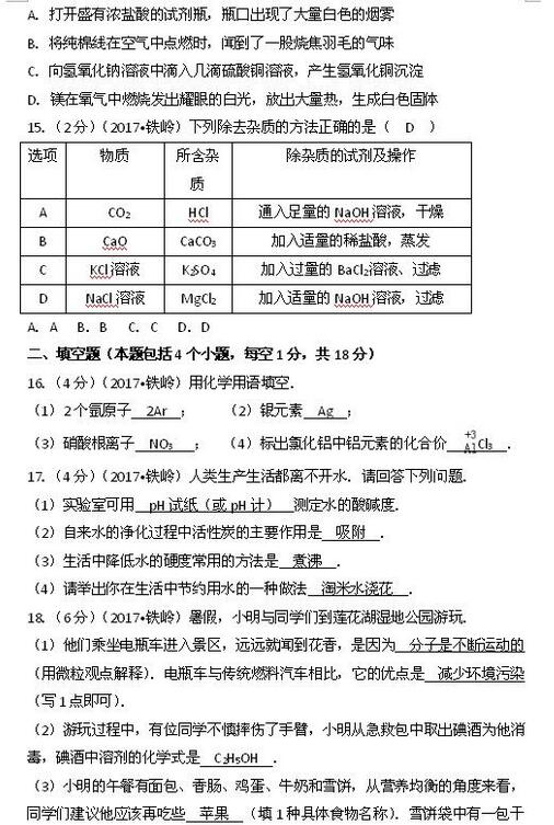 辽宁铁岭2017中考化学试题及答案