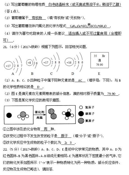 辽宁铁岭2017中考化学试题及答案