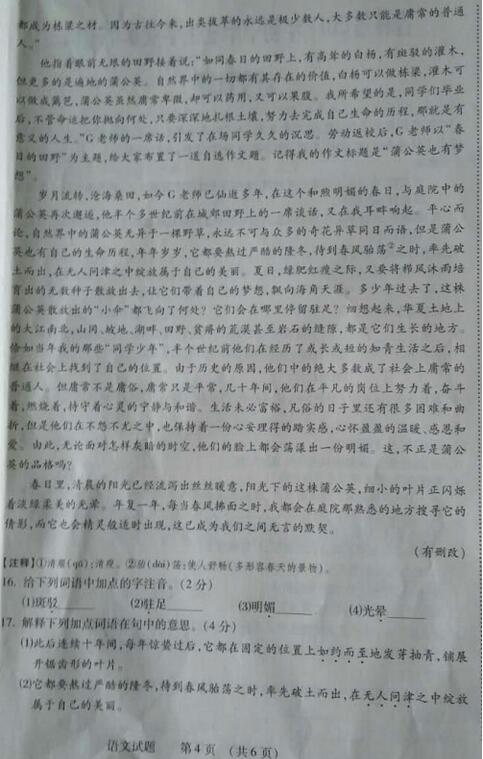 吉林省考2017中考语文试题及答案
