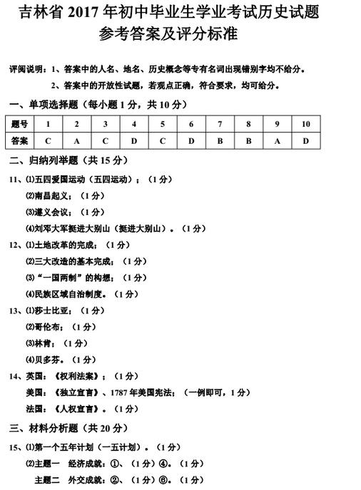 吉林省考2017中考历史试题及答案