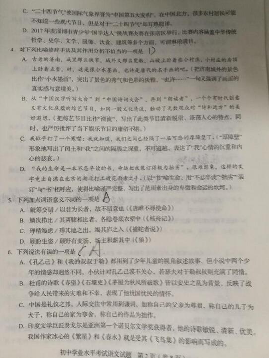 山东淄博2017中考语文试题及答案