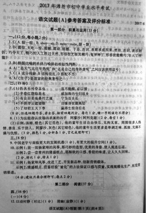 山东潍坊2017中考语文试题及答案
