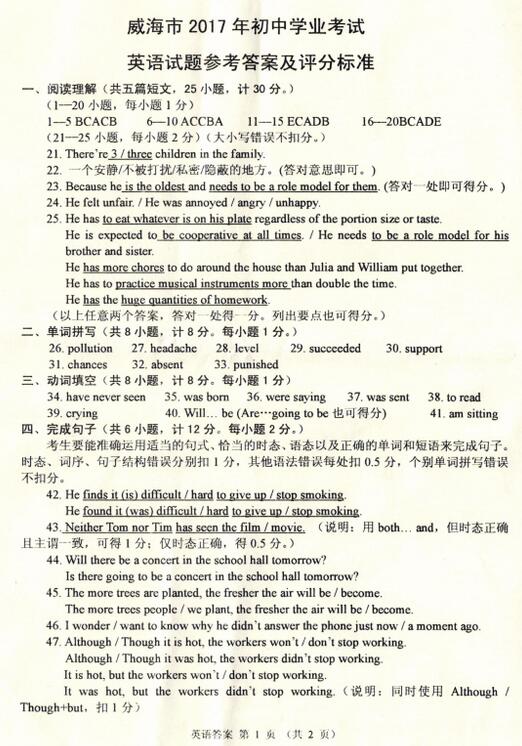 山东威海2017中考英语试题及答案