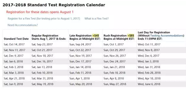 2017年下半年SSAT考试时间安排