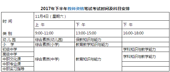 2017下半年教师资格证笔试考试时间