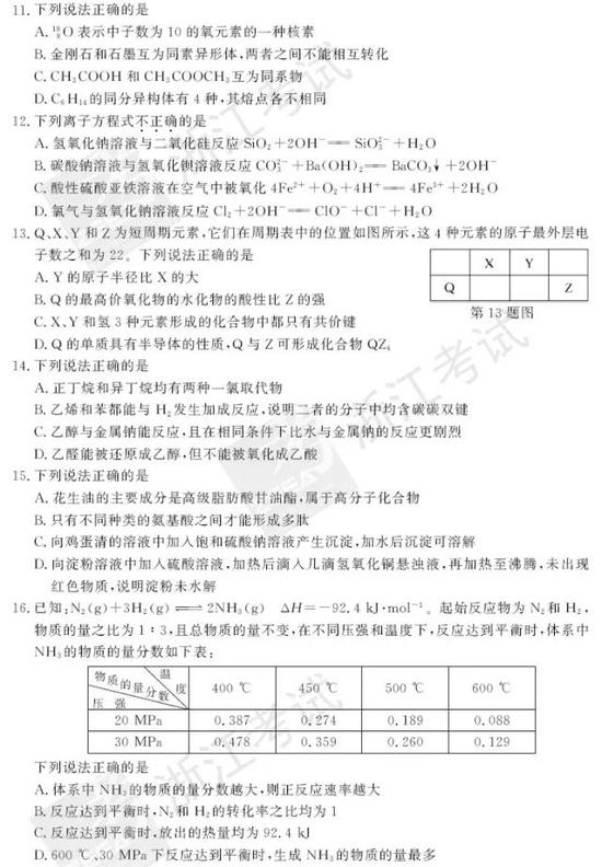 2017年11月浙江新高考学考选考化学试题及答案