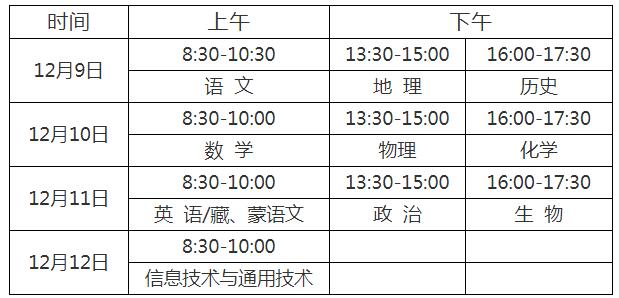 青海2017年12月普通高中学业水平考试时间
