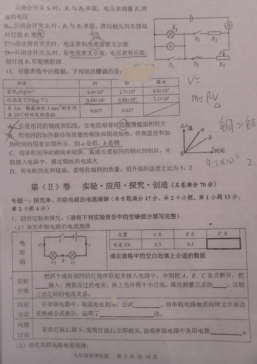 2017山东青岛平度初三上学期物理期中考试试题及答案