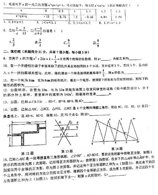 2017山东青大附中初三上学期数学期中考试试题及答案