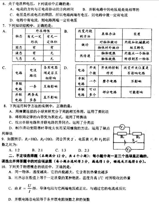2017山东青大附中初三上学期物理期中考试试题及答案 2017山东青大附中初三上学期物理期中考试试题及答案