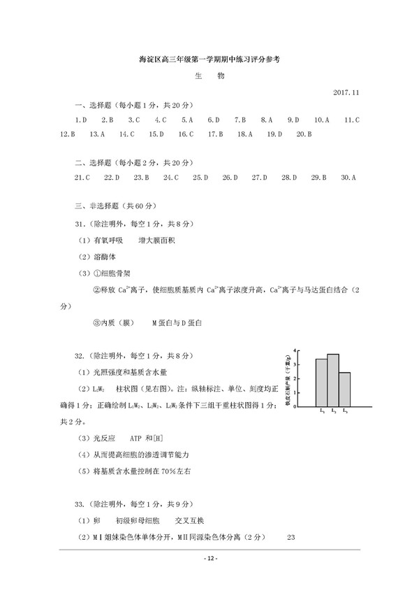 2017年11月北京海淀区高三上学期期中考试生物试题及答案