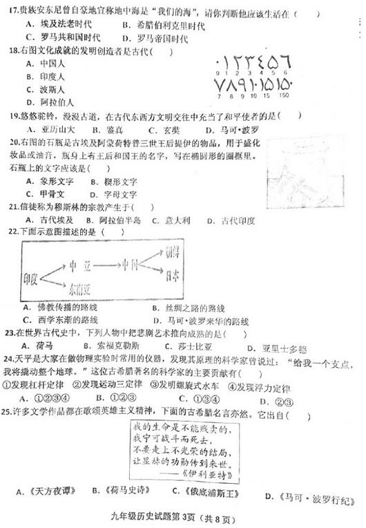 2017山东青岛北区初三上学期历史期中考试试题