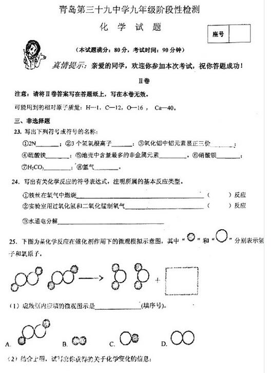 2017山东青岛三十九中初三上学期化学期中考试试题