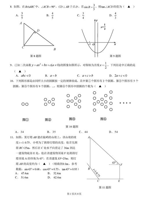 2017重庆一中初三上学期数学期中考试试题及答案