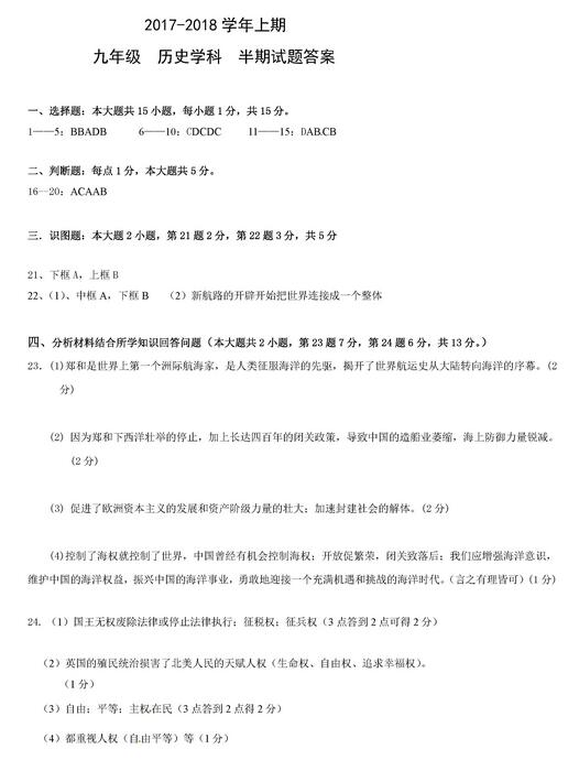 2017重庆71中68中初三上学期历史期中考试试题及答案