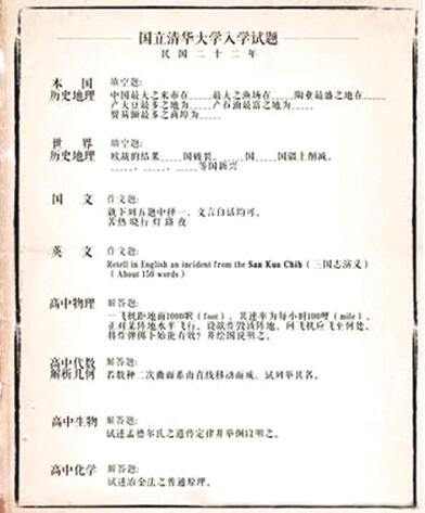 1933年的国立清华大学入学考试卷