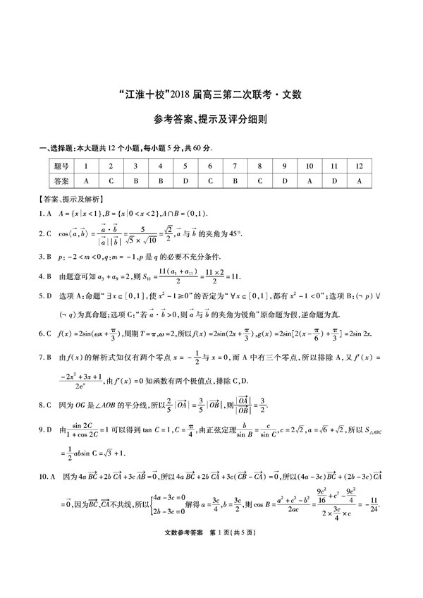 2018安徽江淮十校高三第二次联考文科数学试题及答案
