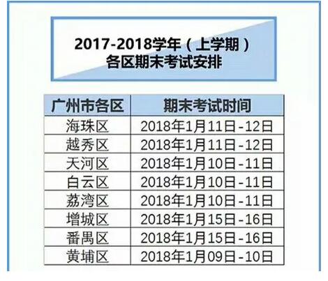 2017-2018学年广州各区初三期末统考时间汇总