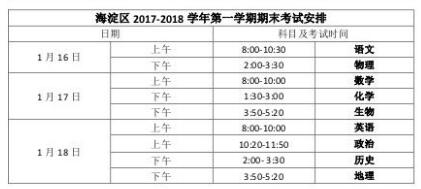 2018北京海淀区初三期末考试科目及时间安排
