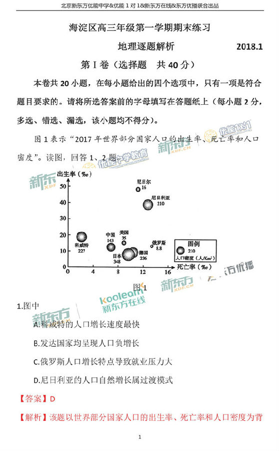 2018年1月北京海淀区高三期末地理真题及答案解析