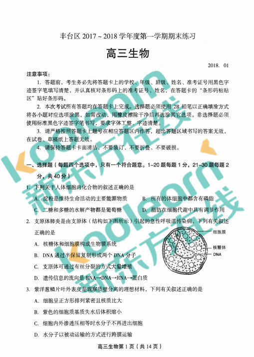 2018年1月北京丰台区高三期末生物试题及答案