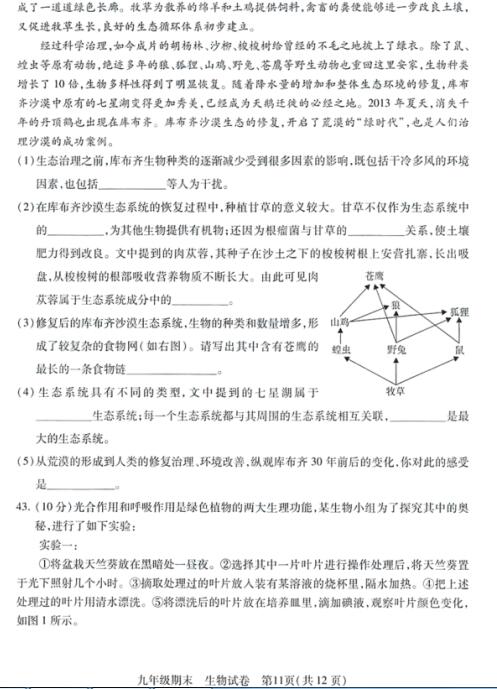 2018年北京西城区初三期末生物试题及答案