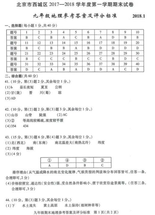 2018年北京西城区初三期末地理试题及答案
