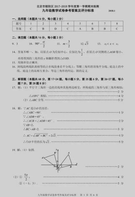 2018北京朝阳区初三期末数学试题及答案