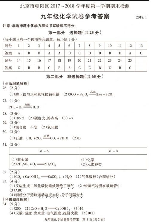 2018年北京朝阳区初三期末化学试题及答案