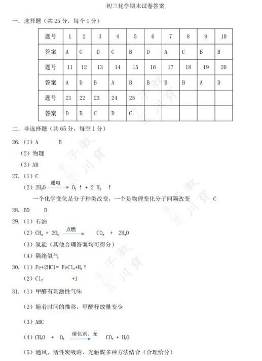 2018年北京通州区初三期末化学试题