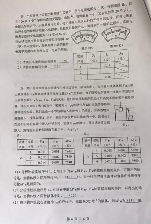 2018上海闵行区初三一模物理试题及答案