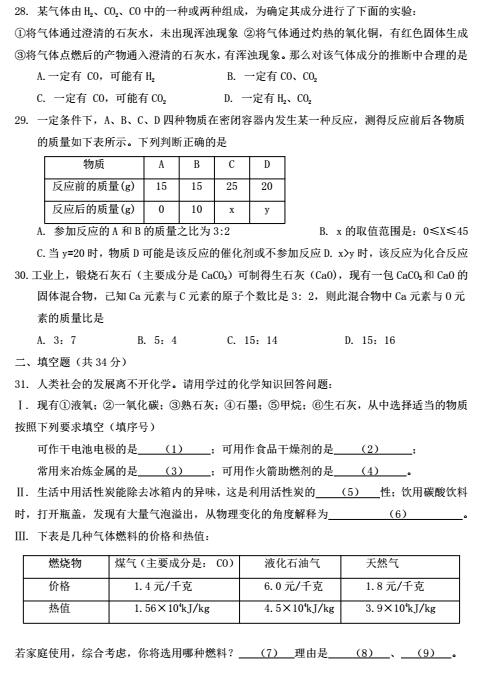 2018上海徐汇区初三一模化学试题及答案