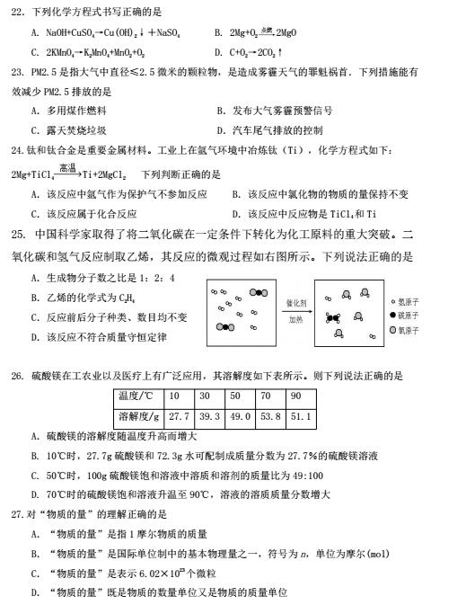 2018上海徐汇区初三一模化学试题及答案