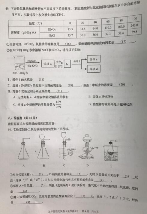 2018上海黄浦区初三一模化学试题及答案