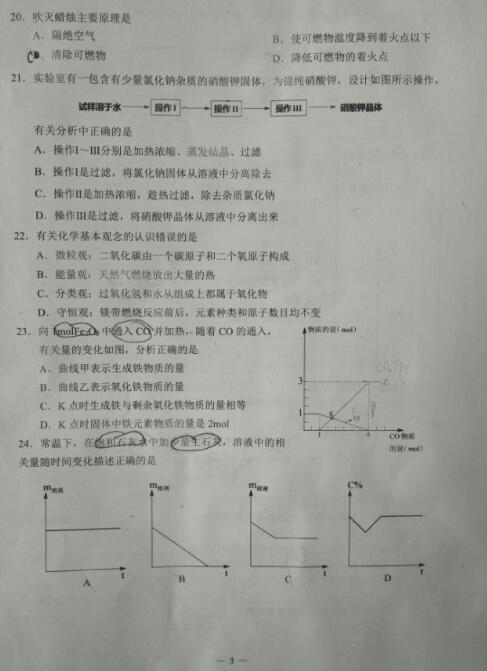 2018上海杨浦区初三一模化学试题及答案
