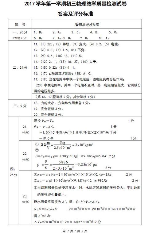 2018上海金山区初三一模物理试题及答案