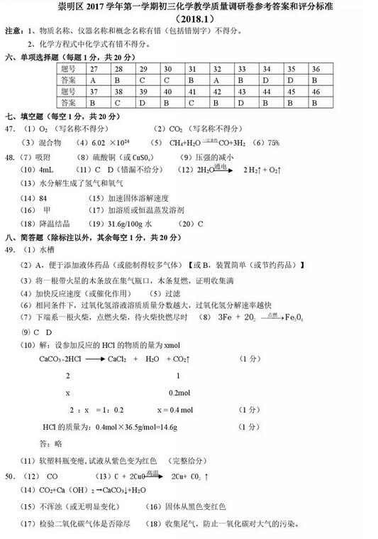 2018上海崇明区初三一模化学试题及答案